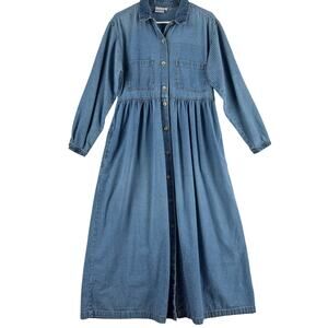VTG MATCH Womens Chambray Maxi Dress SZ 8 Blue Check Button Front Pockets USA